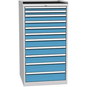 Fiókos műhelyszekrény, 11 x fiók, ma x sz x mé: 1350 x 720 x 700 mm, szürke színű RAL7035 / kék RAL5012