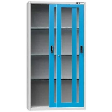 Műhelyszekrény, ma x sz x mé: 1950 x 1044 x 405 mm, tolóajtók ablakokkal, 3 x polc 100 kg, színe világosszürke RAL7035 / kék RAL5012