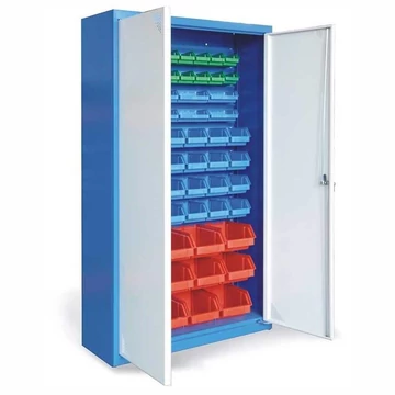 Szekrény TechBox beakasztható dobozokkal, szekrénytest kék RAL5005, ajtó szürke RAL7035, ma x sz x mé: 1800 x 1000 x 390 mm