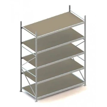 MINI-RACK csavar nélküli, dugaszolható állvány, magasság 3000 mm, 5 forgácslap polc 2200x1050 mm, teherbírása 600 kg, zöld polc