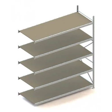 MINI-RACK csavar nélküli, dugaszolható állvány, magasság 3000 mm, 5 forgácslap polc 2600x1050 mm, teherbírás 490 kg, toldalék állvány