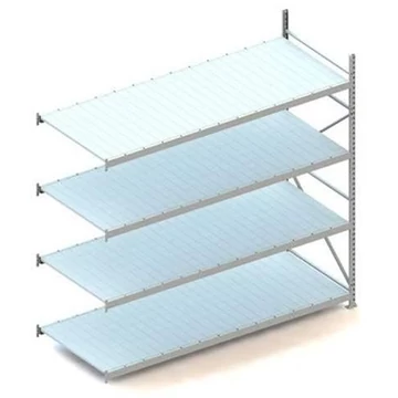 MINI-RACK csavar nélküli, dugaszolható állvány, magasság 2500 mm, 4 fémlemez polc 2600x1050 mm, teherbírás 490 kg, toldalék állvány