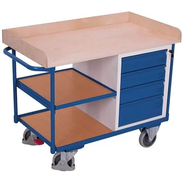 VARIOfit műhelykocsi, teherbírása 400 kg, rakfelület fakerettel 1120 x 625 mm, 4 fiók