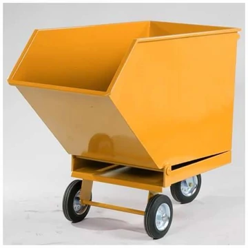Dönthető fémdobozos kocsi ipari hulladékhoz, dupla padlóval és kifolyócsappal, 250 l űrtartalommal, sárga színű RAL1033