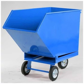 Dönthető fémdoboz ipari hulladékokhoz, dupla padlóval és kifolyócsappal, 250 l űrtartalommal, kék színű RAL5010