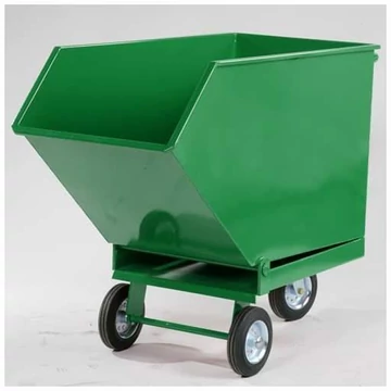 Dönthető fémdobozos kocsi ipari hulladékhoz dupla padlóval és kifolyócsappal, 250 l űrtartalommal, zöld színű RAL6029