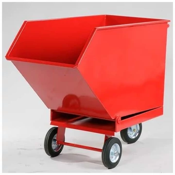 Dönthető fémdoboz ipari hulladékokhoz, dupla padlóval és kifolyócsappal, 250 l űrtartalommal, vörös színű RAL3000