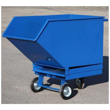 Dönthető fém dobozos kocsi ipari hulladékhoz targonca zsebekkel, dupla padlóval és kifolyócsappal, kapacitás 250 l, kék szín RAL5010