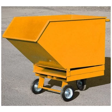 Dönthető fémdobozos kocsi ipari hulladékhoz targonca zsebekkel, dupla padlóval és kifolyócsappal, 250 l űrtartalom, sárga szín RAL1033