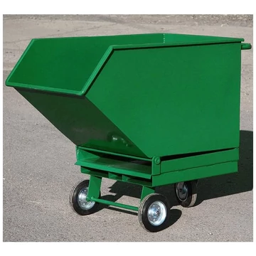 Dönthető fém dobozos kocsi ipari hulladékhoz targonca zsebekkel, dupla padlóval és kifolyócsappal, kapacitás 250 l, zöld színű RAL6029