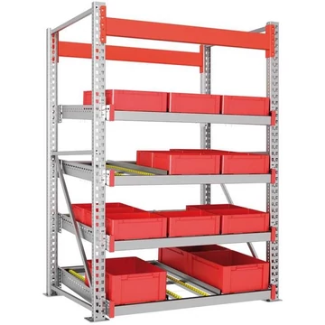 Többsoros MEDIUM lejtős polcrendszer, 4 szint görgősínnel SzéxMé: 2700x1250 mm, alap polc