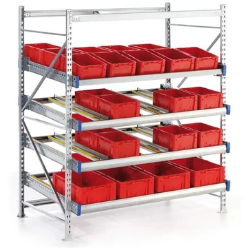 Többsoros LIGHT lejtős polc, 4 szint görgősínnel, szélesség x mélység: 1800x2450 mm, alapállvány