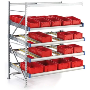 Többsoros LIGHT lejtős polc, 4 szint görgősínnel SzéxMé: 1800x2450 mm, toldalék állvány