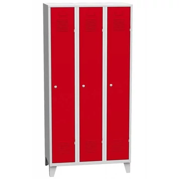 Szekrény, hegesztett, 3 x 300 mm, ajtó színe piros RAL3000, csapos lábakkal