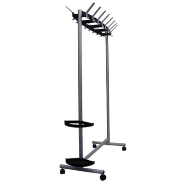 Kétoldalas kabáttartó, mobil, 16 horog, acélszerkezet, kiegészítőkkel, ezüst-fekete szín, magasság 1770 mm