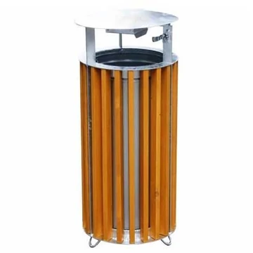 Fából készült panelekből készült szemeteskosár, védőtetővel, kerek alakú, térfogata 50 l, magassága 940 mm