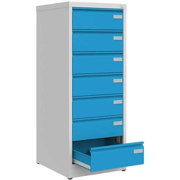 CD és DVD tároló fém szekrény, 7 fiók, ma x sz x mé: 1285x505x565 mm, szín szürke RAL7035 / kék RAL5012