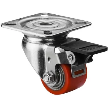 Beálló szállítógörgő fékkel, öntött poliuretán vörös, szerelőlappal, teherbírása 100 kg