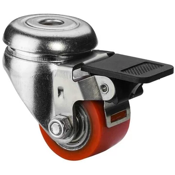 Beálló szállítógörgő fékkel, öntött poliuretán vörös, csavarlyukkal, teherbírása 100 kg