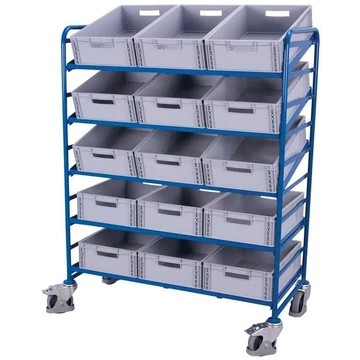 VARIOfit polcos kocsi szabványos EURO tárolókhoz, 5 szint szögvasból, 15 rekeszhez, rakfelület 1240x610 mm