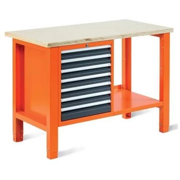 Műhelyasztal TECHNO Light, szélessége 1245 mm, 7 fiók, narancssárga színű RAL2004 / antracit RAL7016.