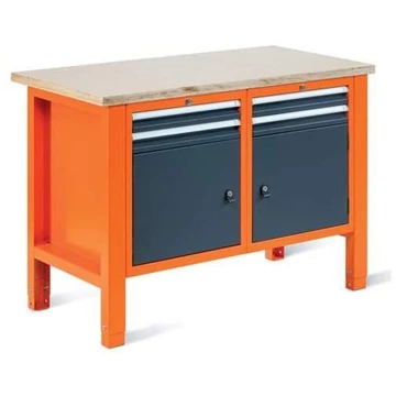 Műhelyasztal TECHNO Light, szélessége 1245 mm, 4 fiók, 2 szekrény, narancssárga színű RAL2004 / antracit RAL7016.