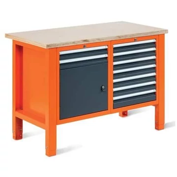 Műhelyasztal TECHNO Light, szélessége 1245 mm, 9 fiók, 1 szekrény, narancssárga színű RAL2004 / antracit RAL7016.