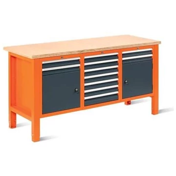 Műhelyasztal TECHNO Light, 1765 mm széles, 11 fiók, 2 szekrény, narancssárga színű RAL2004 / antracit RAL7016.