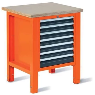 Műhelyasztal TECHNO Light, 725 mm szélességű, 7 fiók, narancssárga színű RAL2004 / antracit RAL7016.