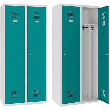 WEMO öltözőszekrény, hegesztve, 2 x 400 mm, ajtó színe türkizkék RAL5018, láb nélkül, három ponton reteszelő rúdzár hengerzárral