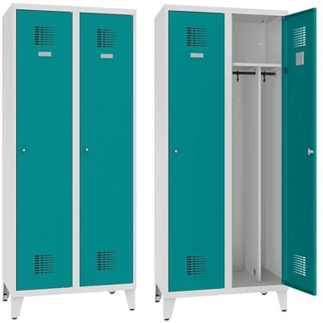 WEMO öltözőszekrény, hegesztve, 2 x 400 mm, ajtó színe türkizkék RAL5018, lábbal, három ponton reteszelő rúdzár hengerzárral