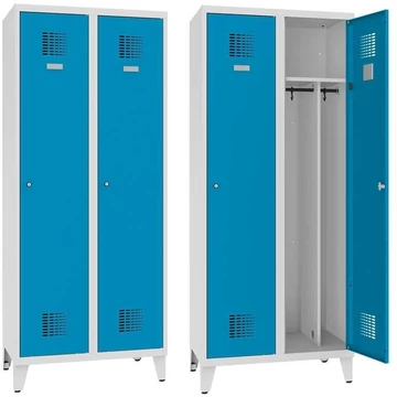 WEMO öltözőszekrény, hegesztve, 2 x 400 mm, ajtó színe kék RAL5012, lábbal, három ponton reteszelő rúdzár hengerzárral