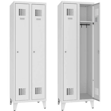 WEMO öltözőszekrény, hegesztett, 2 x 300 mm, ajtó színe szürke RAL7035, lábbal, forgóretesz függőlakathoz