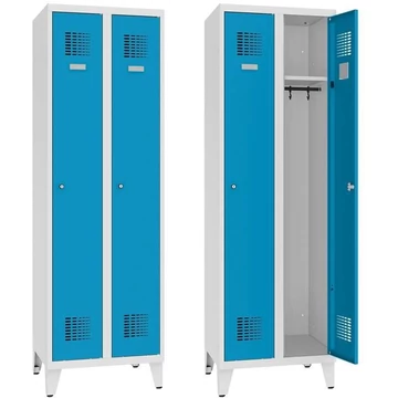 WEMO öltözőszekrény, hegesztett, 2 x 300 mm, ajtó színe kék RAL5012, lábbal, forgóretesz függőlakathoz