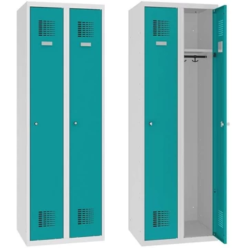 WEMO öltözőszekrény, hegesztve, 2 x 300 mm, ajtó színe türkizkék RAL5018, láb nélkül, három ponton reteszelő rúdzár hengerzárral