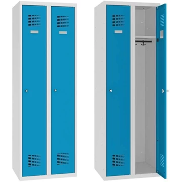 WEMO gardróbszekrény, hegesztett, 2 x 300 mm, ajtó színe kék RAL5012, láb nélkül, forgóreteszes zár hárompontos reteszeléssel