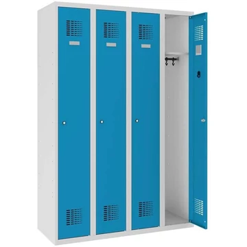 WEMO öltözőszekrény, hegesztett, 4 x 300 mm, ajtó színe kék RAL5012, láb nélkül, hárompontos zár, hengerzár