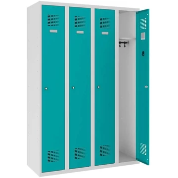 WEMO szekrény, hegesztett, 4 x 300 mm, ajtó színe türkizkék RAL5018, láb nélkül, hárompontos zár, hengerzár