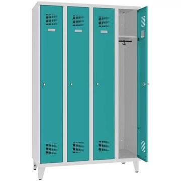 WEMO öltözőszekrény, hegesztve, 4 x 300 mm, ajtó színe türkizkék RAL5018, lábbal, forgóretesz függőlakathoz