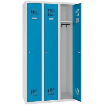 WEMO öltözőszekrény, hegesztett, 3 x 300 mm, ajtó színe kék RAL5012, láb nélkül, hárompontos zár, hengerzár