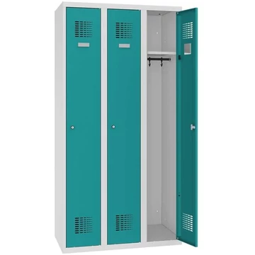 WEMO öltözőszekrény, hegesztett, 3 x 300 mm, ajtó színe türkizkék RAL5018, láb nélkül, hárompontos zár, hengerzár