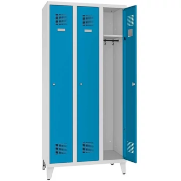 WEMO öltözőszekrény, hegesztett, 3 x 300 mm, ajtó színe kék RAL5012, lábbal, forgóretesz függőlakathoz