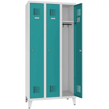 WEMO öltözőszekrény, hegesztett, 3 x 300 mm, ajtó színe türkizkék RAL5018, lábbal, forgóretesz függőlakathoz