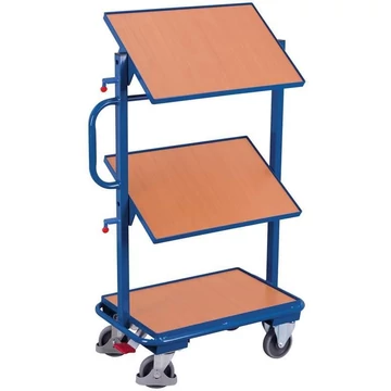 Elosztó és komissiózó kocsi VARIOfit, dönthető polcok fa alapú panelekkel