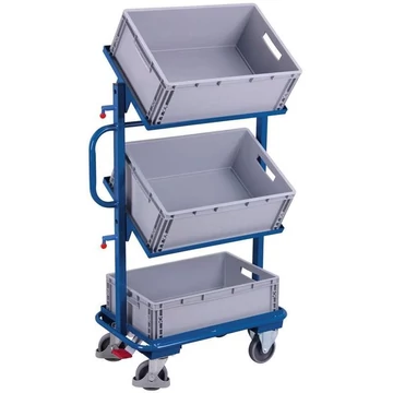 Elosztó és komissiózó kocsi VARIOfit, dönthető műanyag dobozokkel