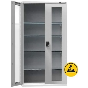 ESD műhelyszekrény, ma x sz x mé: 1950x1044x625 mm, ablakos ajtó, 4 polc 100 kg, szín világosszürke RAL7035