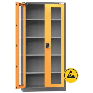 ESD műhelyszekrény, ma x sz x mé: 1950x950x400 mm, ablakos ajtó, 4 polc 100 kg, szín antracit RAL7016 / narancs RAL1028