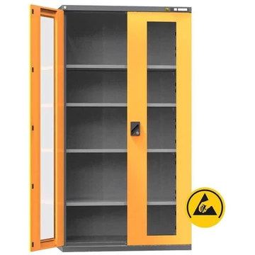 ESD műhelyszekrény, ma x sz x mé: 1950x1044x625 mm, ablakos ajtó, 4 polc 100 kg, szín antracit RAL7016 / narancs RAL1028