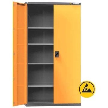 ESD műhelyszekrény, ma x sz x mé: 1950x1044x625 mm, szárnyas ajtók, 4 polc 100 kg, szín antracit RAL7016 / narancs RAL1028