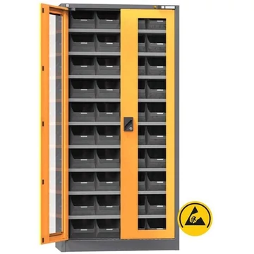 ESD műhelyszekrény 40 állványdobozzal, ma x sz x mé: 1950x950x400 mm, ablakos ajtó, 9 polc, antracit RAL7016 / narancs RAL1028